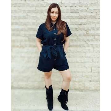 GRAPENT Women's Black Summer Casual Short Sleeves Button Down Pocket Belted Jumpsuits Rompers Size X-Large (Fits US 16-18)