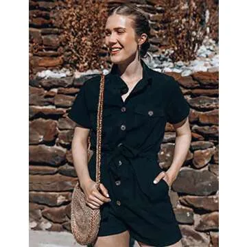 GRAPENT Women's Summer Casual Button Down Belted Romper
