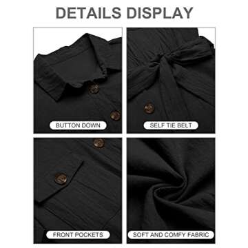 GRAPENT Women's Black Summer Casual Short Sleeves Button Down Pocket Belted Jumpsuits Rompers Size X-Large (Fits US 16-18)