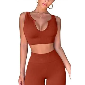 QINSEN Seamless Leggings for Women Stretchy 2 Piece Yoga Outfit U Neck Crop Tank Sets Brick-Red M