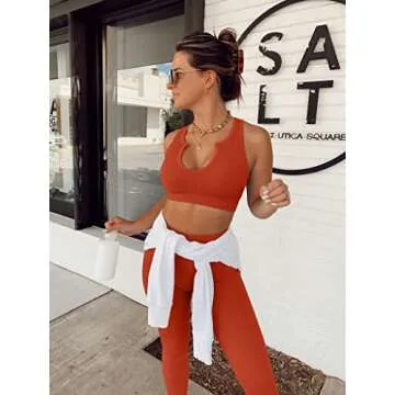 QINSEN Seamless Leggings for Women Stretchy 2 Piece Yoga Outfit U Neck Crop Tank Sets Brick-Red M