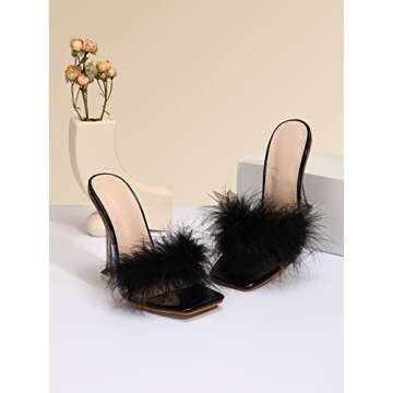 azmodo Women Feather Clear PVC Slippers Square Toe Stilettos Slides Transparent Crystal High Heels Sandals Mules Party Shoes Glass Heels (Black, 7.5)