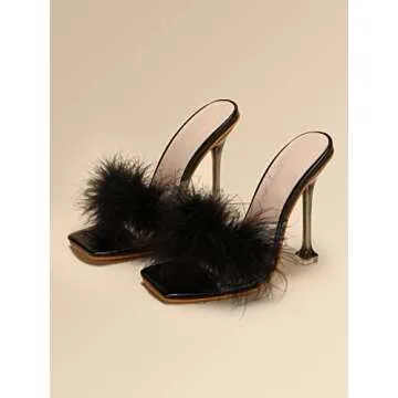 azmodo Women Feather Clear PVC Slippers Square Toe Stilettos Slides Transparent Crystal High Heels Sandals Mules Party Shoes Glass Heels (Black, 7.5)