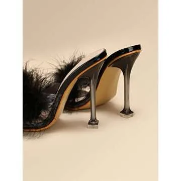 azmodo Women Feather Clear PVC Slippers Square Toe Stilettos Slides Transparent Crystal High Heels Sandals Mules Party Shoes Glass Heels (Black, 7.5)