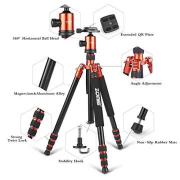 ZOMEI Heavy Duty Camera Tripod Travel Z818 Aluminium Alloy Monopod with 360 Panorama Ball Head Quick Release Plate(Orange)