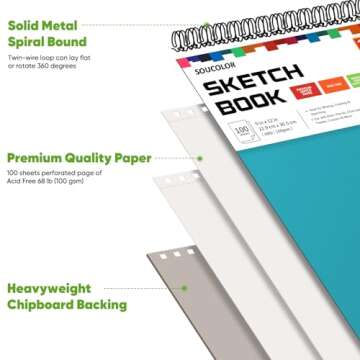 Soucolor School Supplies 9" x 12" Sketch Book for High College Teacher Student, 1-Pack 100 Sheets Sp...