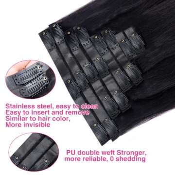 CanaryFly Clip in Hair Extensions for Black Women Pu Seamless Clip in Hair Extensions Human Hair 100% Unprocessed Full Head Brazilian Virgin Hair Natural Black Color,8/Pcs with 18Clips,120Gram (22inch