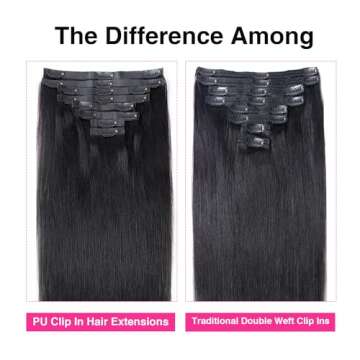 CanaryFly Clip in Hair Extensions for Black Women Pu Seamless Clip in Hair Extensions Human Hair 100% Unprocessed Full Head Brazilian Virgin Hair Natural Black Color,8/Pcs with 18Clips,120Gram (22inch