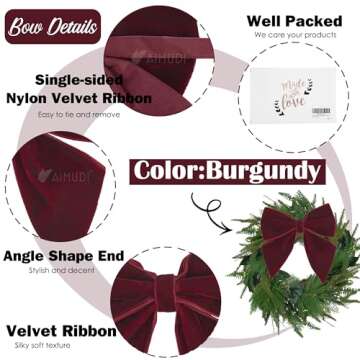 AIMUDI Burgundy Velvet Bows 4" Christmas Bows for Gift Wrapping Velvet Bows for Christmas Tree, Holiday Crafts, Wreath, Garland, Staircase, Home Outdoor Winter Christmas Decorations, 12 PCs