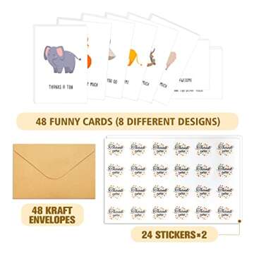 Biturat 48 Thank You Cards Set - Funny Animal Pun Notecards Pack