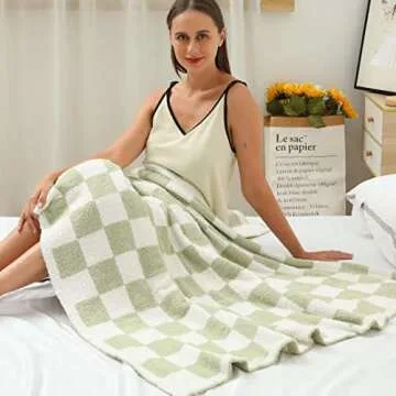 Fuzzy Checkered Throw Blanket Sage Green Blanket Throw Lightweight Blanket - Super Soft Warm Cozy Reversible Microfiber Blanket for Chair, Sofa, Couch, Bed, Camping, Travel (51''x63'', Sage Green)