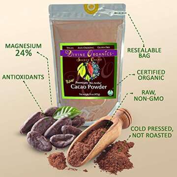 Divine Organics Raw Cacao Powder/Raw Cocoa Powder - Certified Organic - Premium Rio Arriba - Smoothies, Hot Chocolate, Baking, Shakes, Add to Coffee - Rich in Magnesium (32oz)