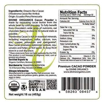 Divine Organics Raw Cacao Powder/Raw Cocoa Powder - Certified Organic - Premium Rio Arriba - Smoothies, Hot Chocolate, Baking, Shakes, Add to Coffee - Rich in Magnesium (32oz)