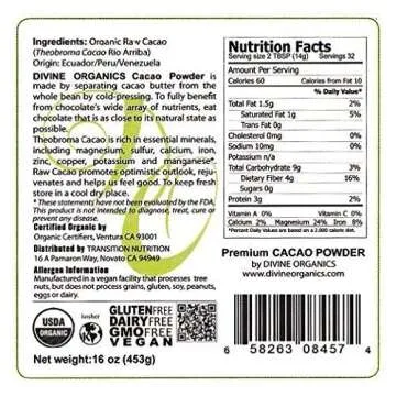 Divine Organics Raw Cacao Powder/Raw Cocoa Powder - Certified Organic - Premium Rio Arriba - Smoothies, Hot Chocolate, Baking, Shakes, Add to Coffee - Rich in Magnesium (32oz)