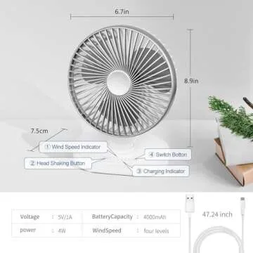 CONBOLA Small Desk Fan for Bedroom, 4000mAh Battery Powered Rechargeable Fan, 90° Vertical Manual and 120° Oscillating Fan, 4 Speeds Air Circulator Fan, Quiet Table Fan for Home Office, White
