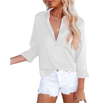 OMSJ Women's Button Down Shirts Satin V Neck Long Sleeve Casual Work Blouse Tops with Pocket (1173XX...