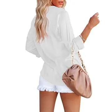 OMSJ Women's Button Down Shirts Satin V Neck Long Sleeve Casual Work Blouse Tops with Pocket (1173XXL, White)