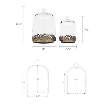 12" Tall Large Sturdy Handmade Glass Cloche Dome with Metal Base 11.4" H x 8" and 8" H x 5.5" in Set of 2 in Gold for Plant, Terrarium, Collectibles, Candle. Cloche Glass Dome, Bell Jar Display Case