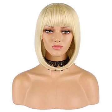 eNilecor Short Light Blonde Bob Wigs 12" Straight with Bangs Synthetic Colorful Cosplay Daily Party Wig for Women Natural As Real Hair+ Free Wig Cap (Light Blonde)
