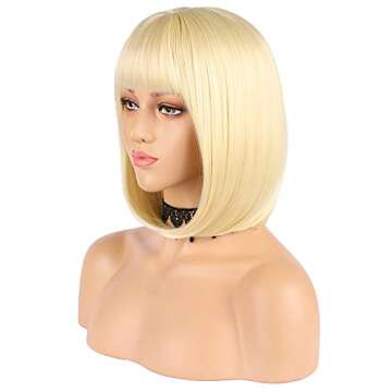 eNilecor Short Light Blonde Bob Wigs 12" Straight with Bangs Synthetic Colorful Cosplay Daily Party Wig for Women Natural As Real Hair+ Free Wig Cap (Light Blonde)