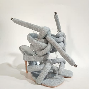 perixir Strappy High Heels Gladiator Sandals With Grey Jersey Knit Fallopian Cloth Rope Lace Up Sexy Open Toe Square Stilettos Tie Up Heeled Sandals For Women US Size 6