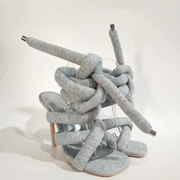 perixir Strappy High Heels Gladiator Sandals With Grey Jersey Knit Fallopian Cloth Rope Lace Up Sexy Open Toe Square Stilettos Tie Up Heeled Sandals For Women US Size 6