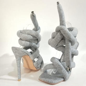 perixir Strappy High Heels Gladiator Sandals With Grey Jersey Knit Fallopian Cloth Rope Lace Up Sexy Open Toe Square Stilettos Tie Up Heeled Sandals For Women US Size 6