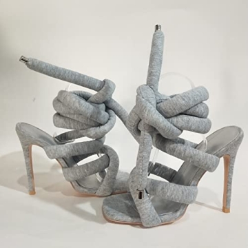 perixir Strappy High Heels Gladiator Sandals With Grey Jersey Knit Fallopian Cloth Rope Lace Up Sexy Open Toe Square Stilettos Tie Up Heeled Sandals For Women US Size 6