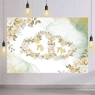 MEHOFOND 7x5ft Floral Mr and Mrs Backdrop Pastel Green Wedding Photography Background Watercolor Green Heart Flower Gold Glitter Dot Couple Wedding Party Engagement Decor Cake Smash Photo Studio Props