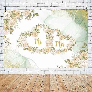 MEHOFOND 7x5ft Floral Mr and Mrs Backdrop Pastel Green Wedding Photography Background Watercolor Green Heart Flower Gold Glitter Dot Couple Wedding Party Engagement Decor Cake Smash Photo Studio Props