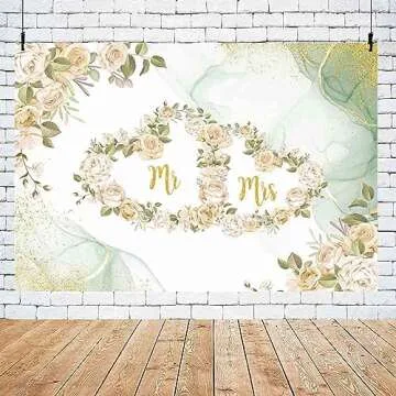 MEHOFOND 7x5ft Floral Mr and Mrs Backdrop Pastel Green Wedding Photography Background Watercolor Green Heart Flower Gold Glitter Dot Couple Wedding Party Engagement Decor Cake Smash Photo Studio Props