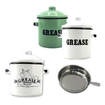 Roadmap 1.5L White Enamel Bacon Grease Container with Strainer, Grease Canister with Letter Pattern,...