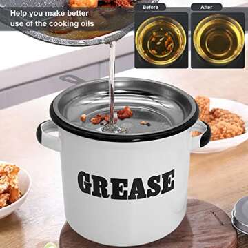 Roadmap 1.5L White Enamel Bacon Grease Container with Strainer, Grease Canister with Letter Pattern, Bacon Grease Saver, Oil Storage Jar, Kitchen Accessories for Farmhouse Kitchen Decor