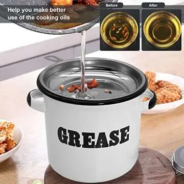 Roadmap 1.5L White Enamel Bacon Grease Container with Strainer, Grease Canister with Letter Pattern, Bacon Grease Saver, Oil Storage Jar, Kitchen Accessories for Farmhouse Kitchen Decor