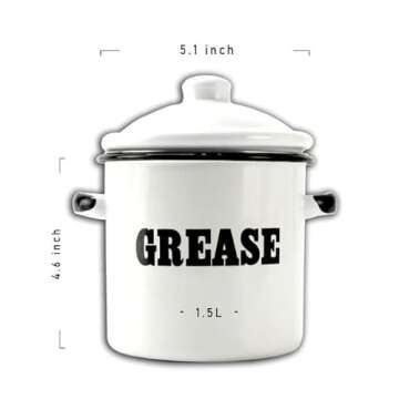 Roadmap 1.5L White Enamel Bacon Grease Container with Strainer, Grease Canister with Letter Pattern, Bacon Grease Saver, Oil Storage Jar, Kitchen Accessories for Farmhouse Kitchen Decor