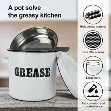 Roadmap 1.5L White Enamel Bacon Grease Container with Strainer, Grease Canister with Letter Pattern, Bacon Grease Saver, Oil Storage Jar, Kitchen Accessories for Farmhouse Kitchen Decor