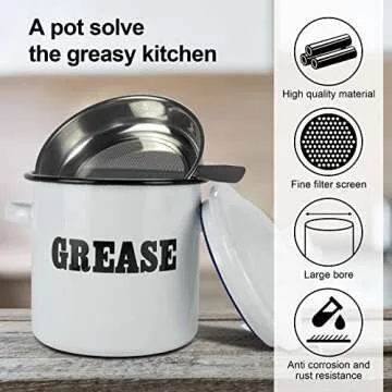 Roadmap 1.5L White Enamel Bacon Grease Container with Strainer, Grease Canister with Letter Pattern, Bacon Grease Saver, Oil Storage Jar, Kitchen Accessories for Farmhouse Kitchen Decor