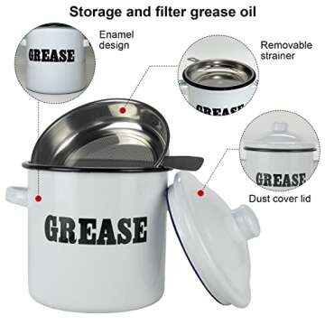 Roadmap 1.5L White Enamel Bacon Grease Container with Strainer, Grease Canister with Letter Pattern, Bacon Grease Saver, Oil Storage Jar, Kitchen Accessories for Farmhouse Kitchen Decor
