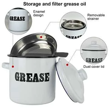 Roadmap 1.5L White Enamel Bacon Grease Container with Strainer, Grease Canister with Letter Pattern, Bacon Grease Saver, Oil Storage Jar, Kitchen Accessories for Farmhouse Kitchen Decor