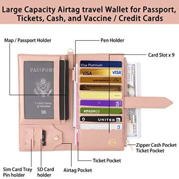 Airtag Passport Wallet for Women, RFID Blocking Passport Holder with Credit Card Holder, Large Bifold Wallets Clutch for Ladies, Slim Thin Leather Travel Document Organizer with Zipper Pocket, Pink