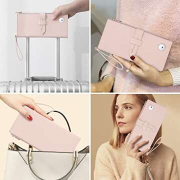 Airtag Passport Wallet for Women, RFID Blocking Passport Holder with Credit Card Holder, Large Bifold Wallets Clutch for Ladies, Slim Thin Leather Travel Document Organizer with Zipper Pocket, Pink
