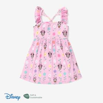 Disney Minnie Mouse Toddler Girl Dress Ruffle Sleeve Daisy Duck Sundress Back Cross Straps Summer Outfit Birthday Party Holiday Clothes Pink 5-6 Years