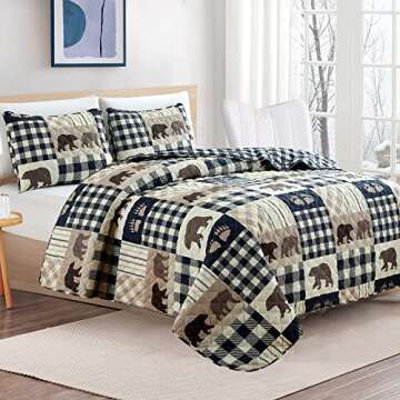 Market & Place 3 Piece Reversible Quilt Set with Sham | King Cabin Comforter Set | Rustic Bear Buffa...