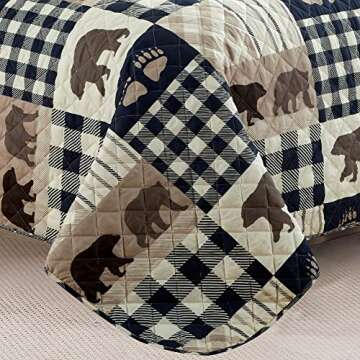 Market & Place 3 Piece Reversible Quilt Set with Sham | King Cabin Comforter Set | Rustic Bear Buffalo Check Lodge Bedding | Orson Collection (King, Navy/Taupe)