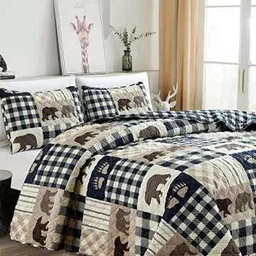 Market & Place 3 Piece Reversible Quilt Set with Sham | King Cabin Comforter Set | Rustic Bear Buffalo Check Lodge Bedding | Orson Collection (King, Navy/Taupe)