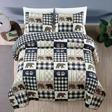 Market & Place 3 Piece Reversible Quilt Set with Sham | King Cabin Comforter Set | Rustic Bear Buffalo Check Lodge Bedding | Orson Collection (King, Navy/Taupe)