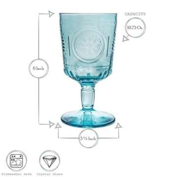 Bormioli Rocco Romantic Set Of 4 Stemware Glasses, 10.75 Oz. Colored Crystal Glass, Light Blue, Made In Italy.