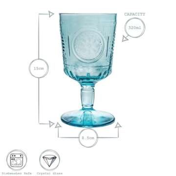 Bormioli Rocco Romantic Set Of 4 Stemware Glasses, 10.75 Oz. Colored Crystal Glass, Light Blue, Made In Italy.