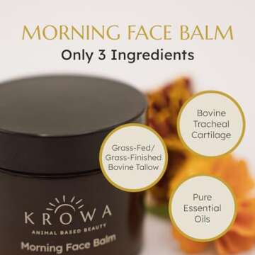 Krowa Morning Face Balm - Clean Grass Fed Tallow Balm w/Essential Oils + Collagen Peptides - Nourishing, Soothing, Hydrating and Adds Vitality to Skin. Deeply Renews. No Phthalates or Preservatives.