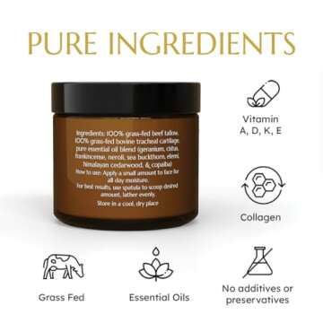 Krowa Morning Face Balm - Clean Grass Fed Tallow Balm w/Essential Oils + Collagen Peptides - Nourishing, Soothing, Hydrating and Adds Vitality to Skin. Deeply Renews. No Phthalates or Preservatives.